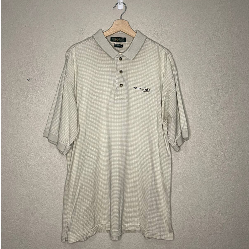 AM‎ Player Shirt Cream White Checked Collared Button Cotton Golf Polo Size Large